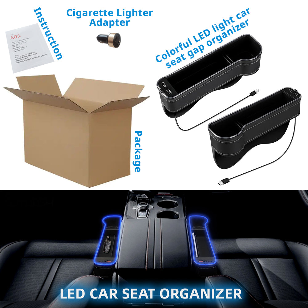 2-pack car seat gap organizer package includes a cigarette lighter USB adapter for left-and-right set options.
