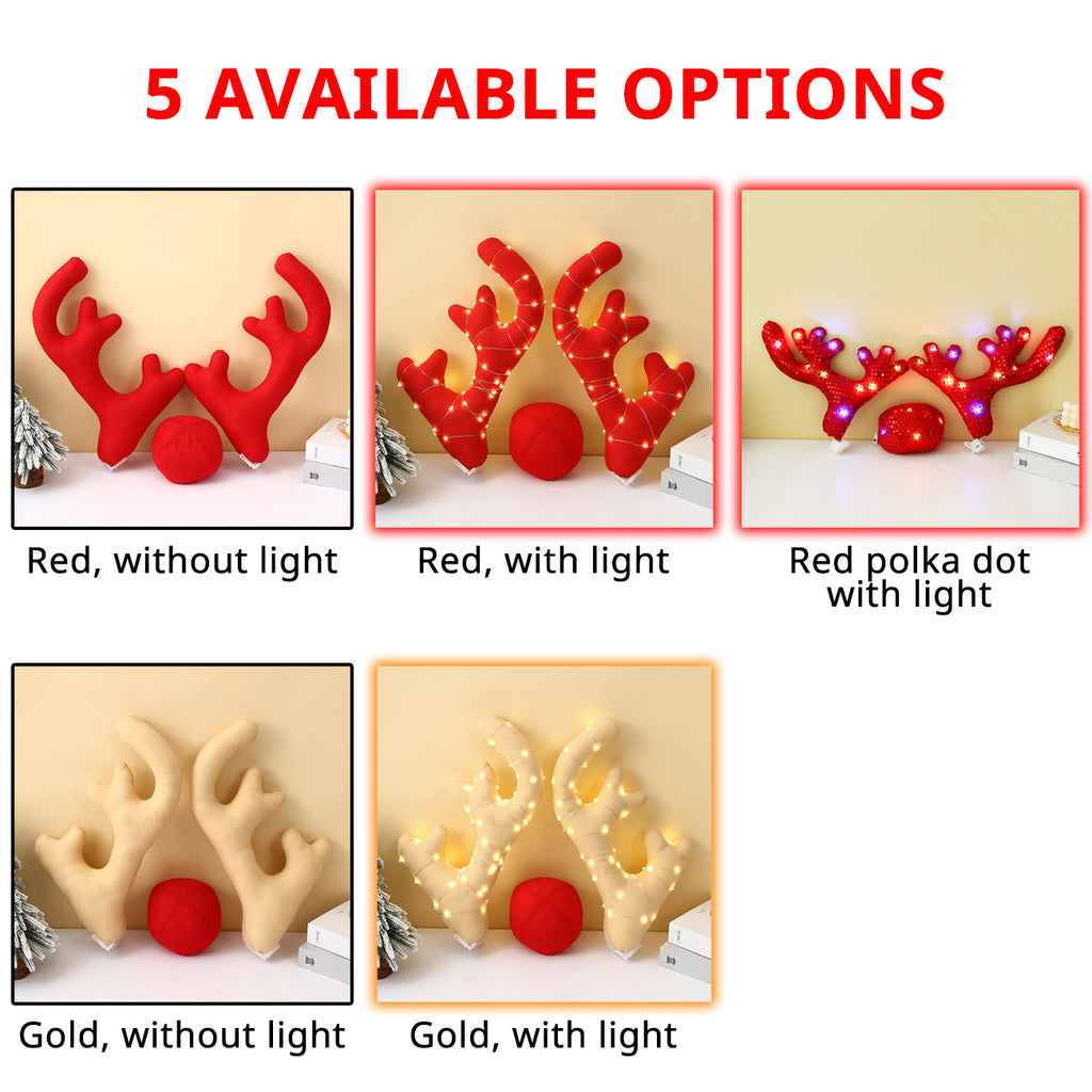 Christmas car antlers available in red or gold styles with lighted and non-lighted holiday decoration options.