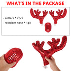 Christmas car antlers package includes two antlers and one red reindeer nose for festive vehicle decoration.
