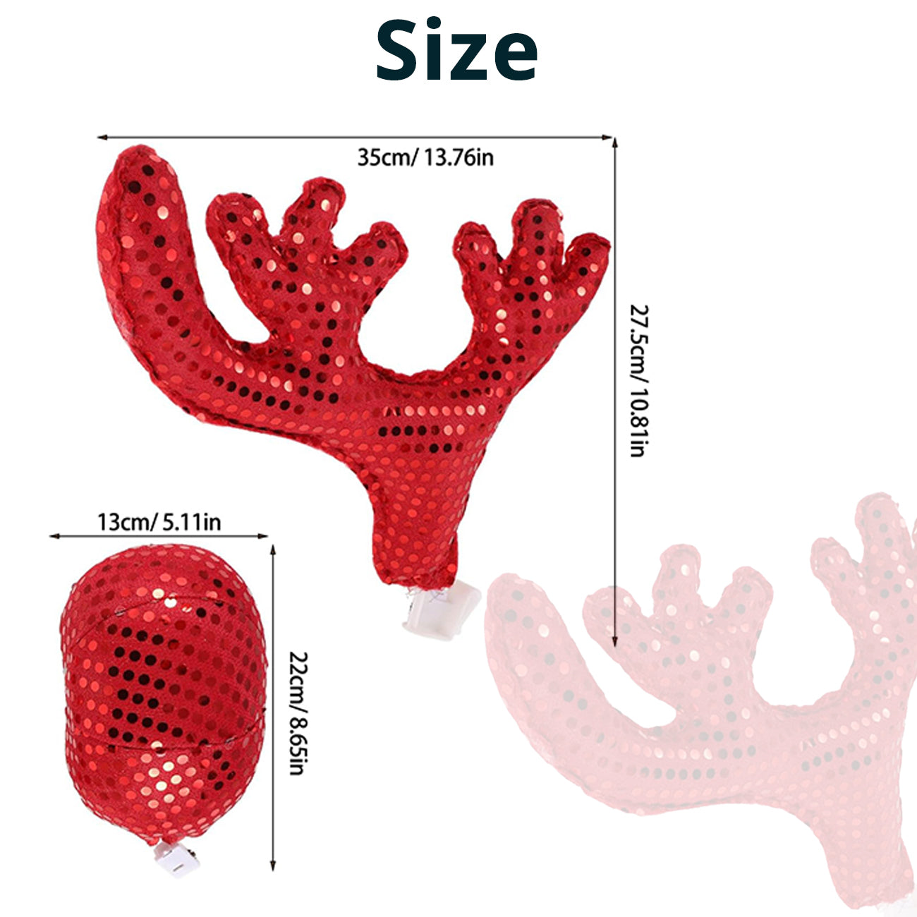 Christmas car antlers size details with plush antler height, reindeer nose size, and window-mounted holiday fit.