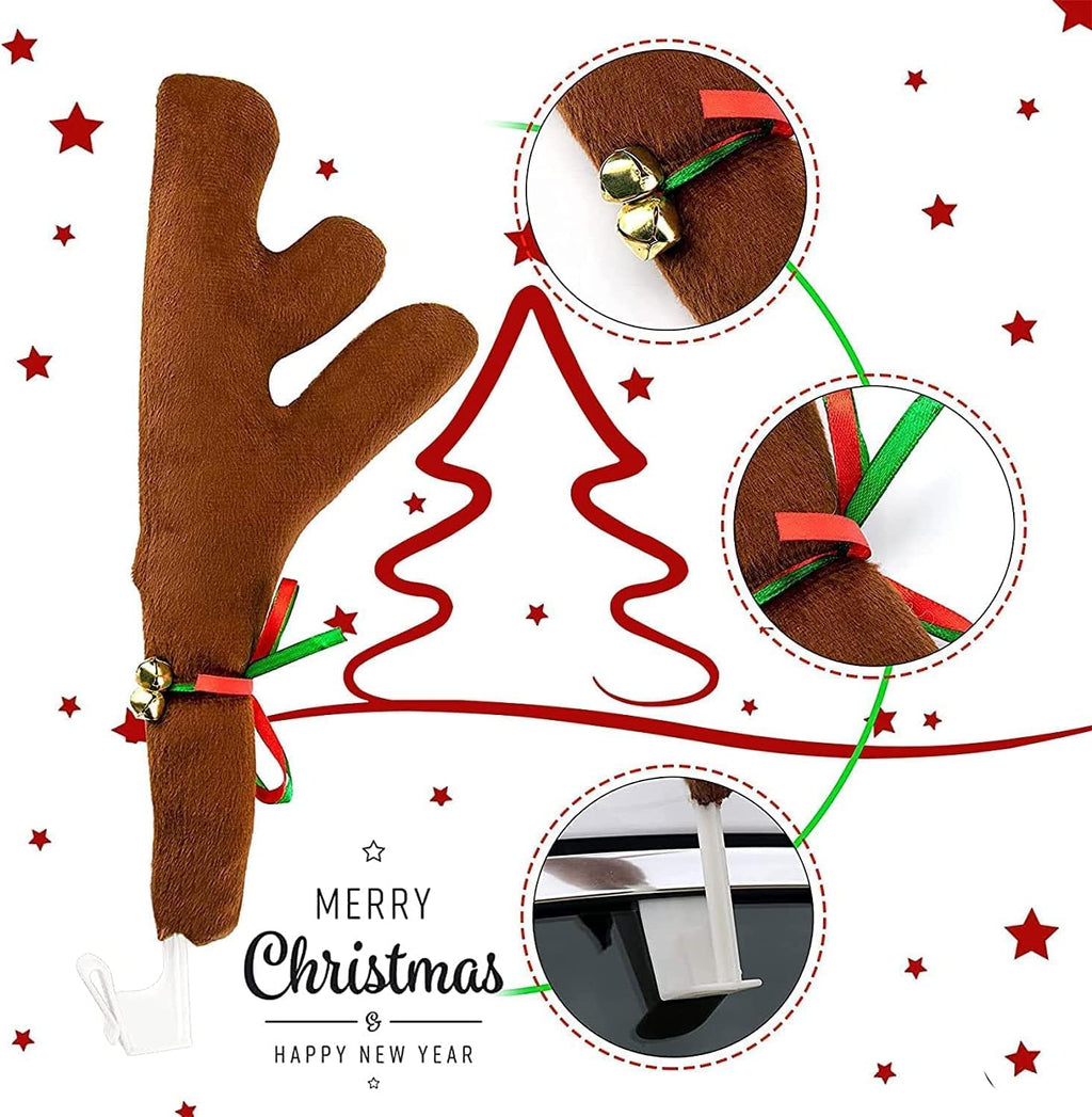Christmas car antlers attach with window clips while the red nose secures to the front grille for a playful holiday look.