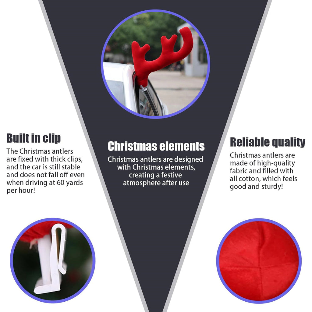 Christmas car antlers with built-in clips for window mounting and plush fabric for seasonal vehicle styling.