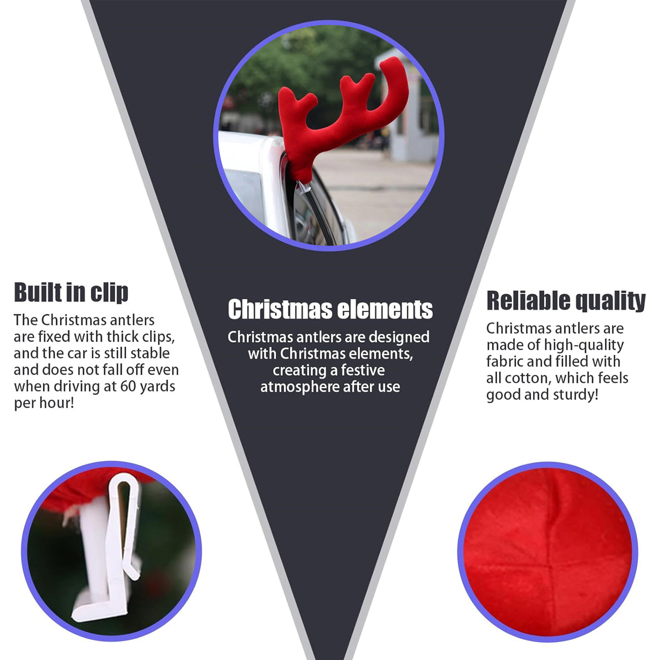 Christmas car antlers with built-in clips for window mounting and plush fabric for seasonal vehicle styling.