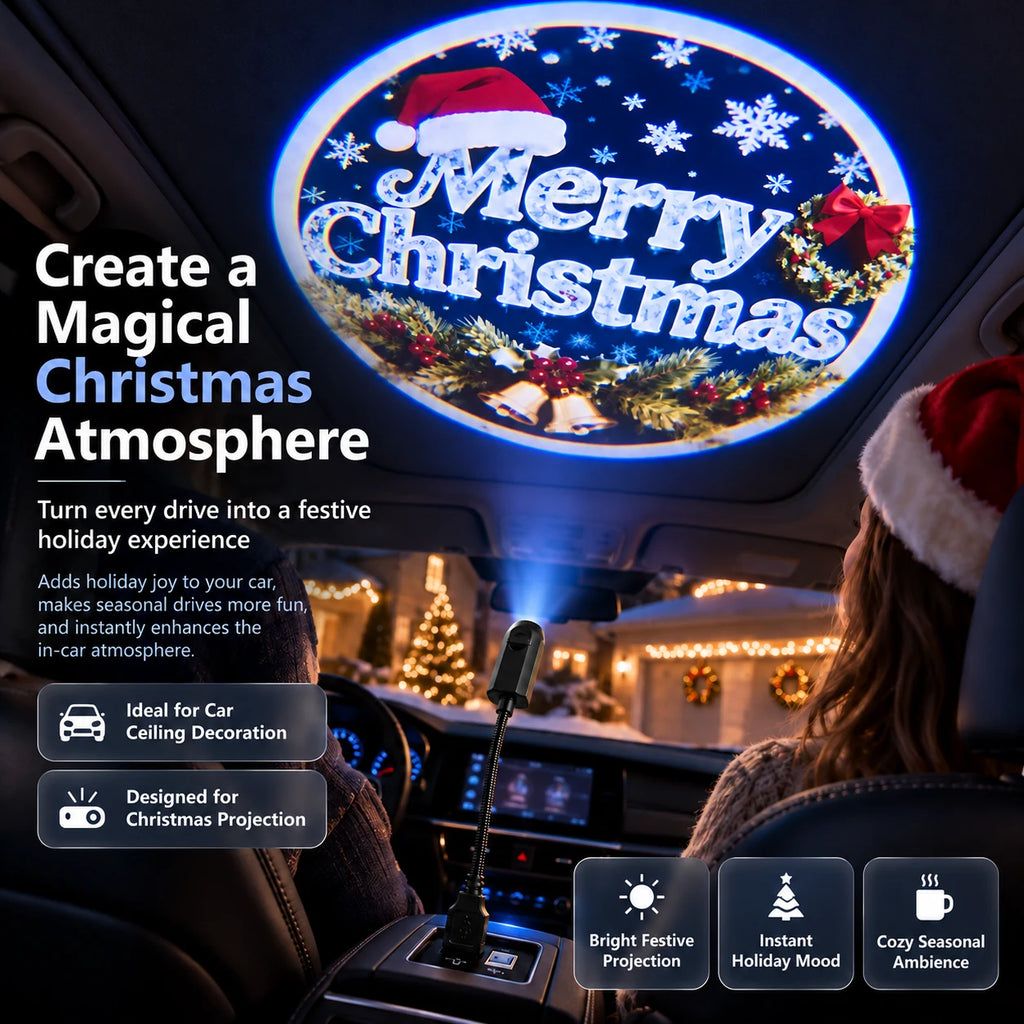 Christmas car ceiling decoration created by a flexible USB projector light.