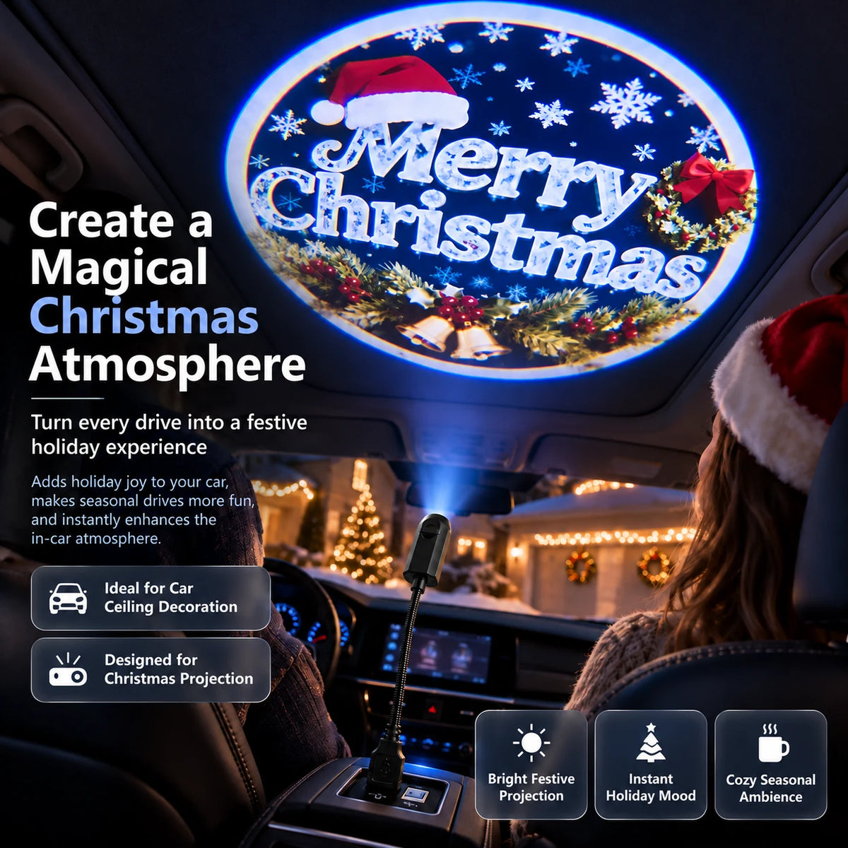 Christmas car ceiling decoration created by a flexible USB projector light.