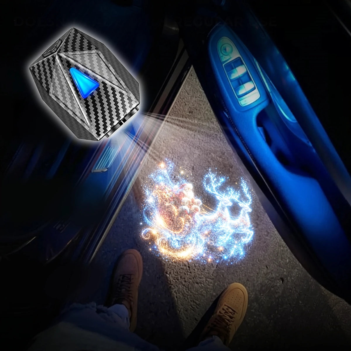 Christmas car door projector light casting animated Santa sleigh and reindeer artwork beside an open vehicle door at night.