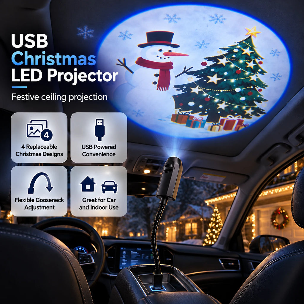 Christmas car LED projector with four replaceable designs, USB power and flexible gooseneck adjustment.