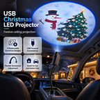 Christmas car LED projector with four replaceable designs, USB power and flexible gooseneck adjustment.