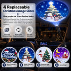 Christmas car projector with four interchangeable slides featuring lettering, snowmen, trees and Santa's sleigh.