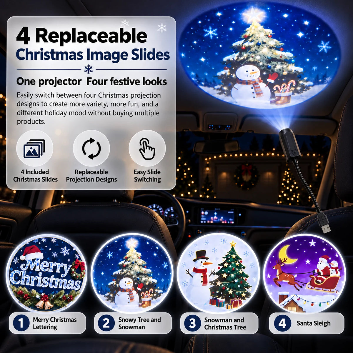 Christmas car projector with four interchangeable slides featuring lettering, snowmen, trees and Santa's sleigh.