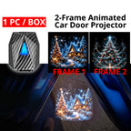 One Christmas car door projector with 2-frame snowy cottage and decorated tree artwork for seasonal vehicle styling.