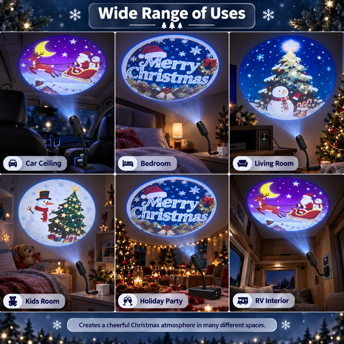 Christmas projector used in a car, bedroom, living room, kids room, holiday party area and RV interior.