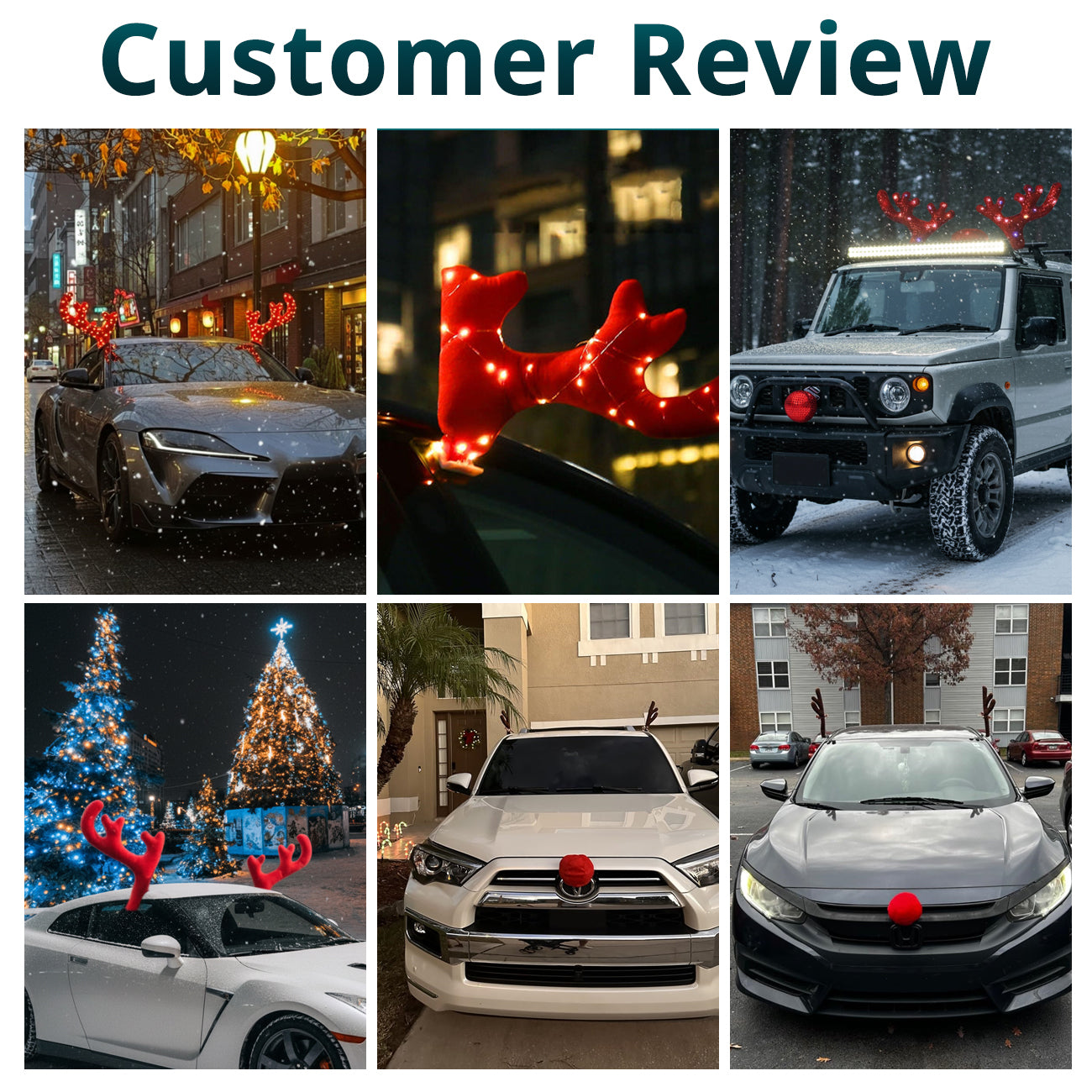Christmas vehicle antlers installed on different cars and SUVs for festive street, driveway, and holiday display setups.