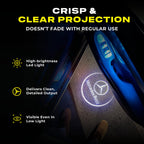 Wireless puddle logo projector delivers a crisp ground projection for a cleaner door welcome effect at night.