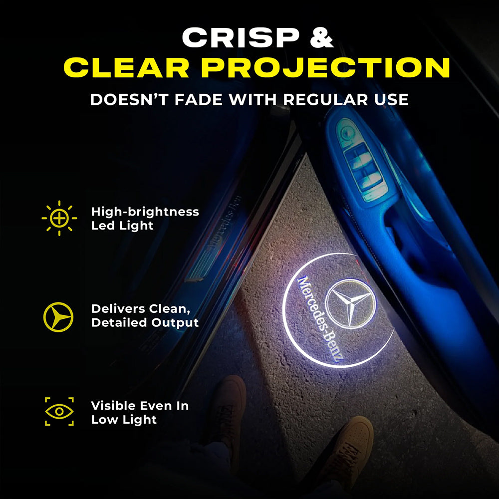 Wireless puddle logo projector delivers a crisp ground projection for a cleaner door welcome effect at night.