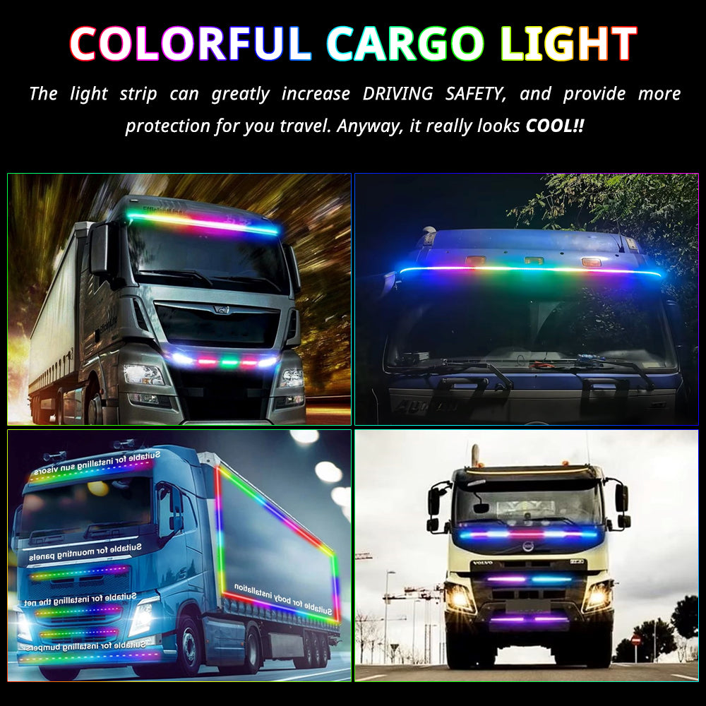 Colorful cargo truck hood light strip adds a stronger night presence and decorative front glow to large vehicles.