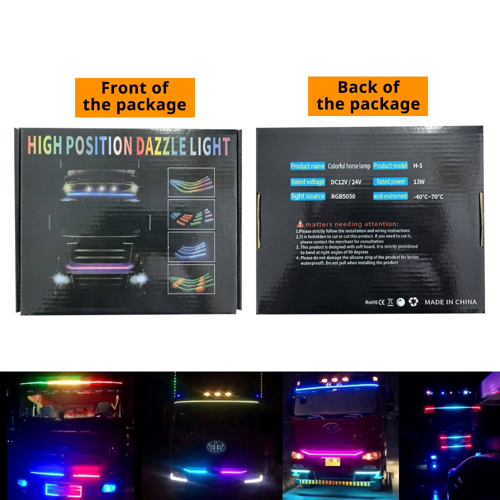 Colorful LED hood light strip package with front and back box views plus truck lighting scenes for 24V setups.