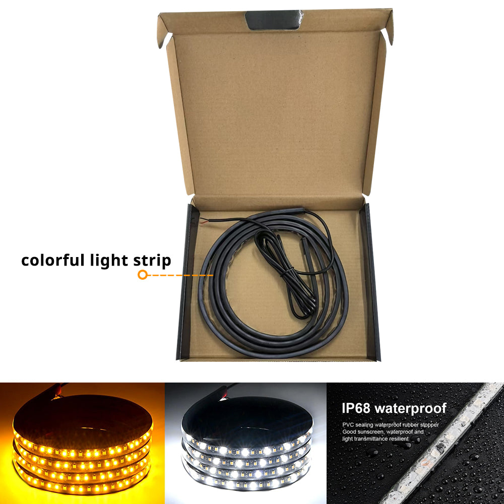 Colorful light strip package with coiled LED strip, instruction manual, and IP68 waterproof feature detail.