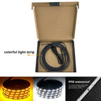 Colorful light strip package with coiled LED strip, instruction manual, and IP68 waterproof feature detail.