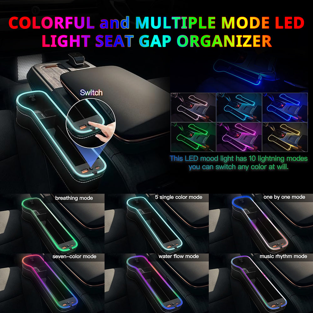 Colorful LED seat gap organizer with multiple light modes for brighter console storage and cabin accent lighting.