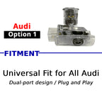 Compatible Audi puddle logo projector option with dual-port plug-and-play design for supported Audi door lights.