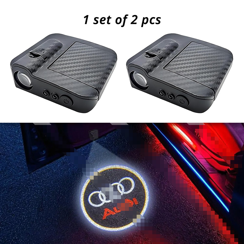 Wireless door projector light with Audi-style logo option for compatible car door welcome lighting.