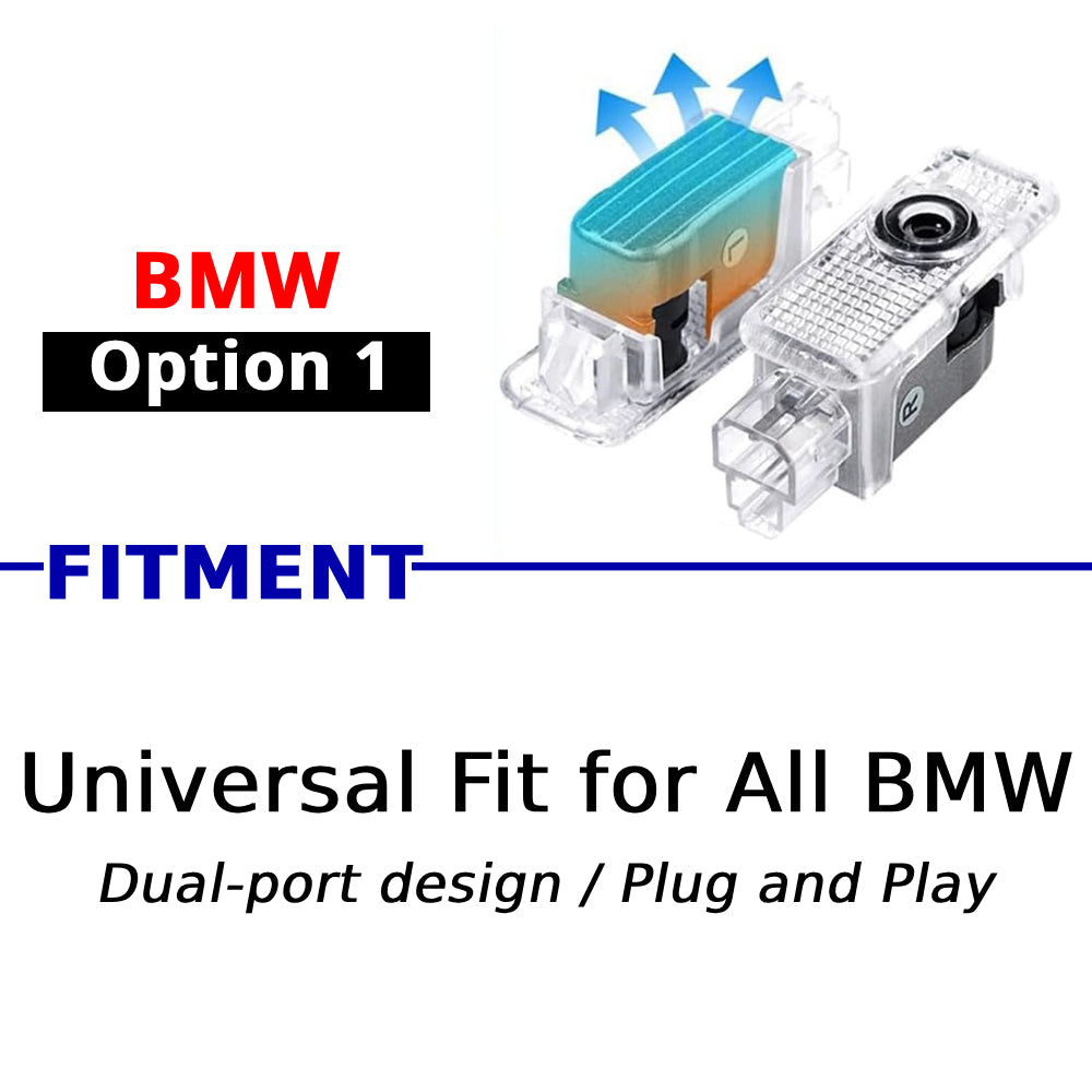 Compatible BMW puddle logo projector option with dual-port plug-and-play design for supported BMW door lights.