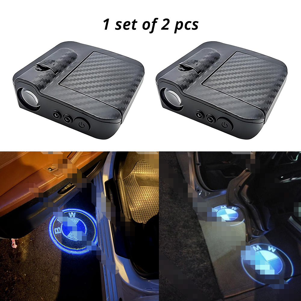 Wireless door projector light with BMW-style logo option for compatible car door welcome lighting.