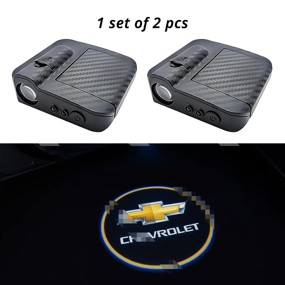 Wireless door projector light with Chevrolet-style logo option for compatible car door welcome lighting.