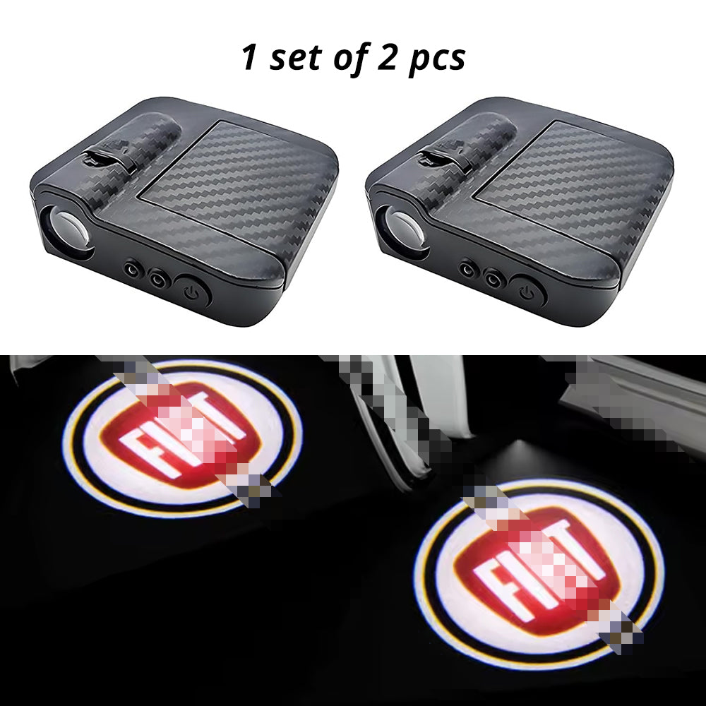 Wireless door projector light with Fiat-style logo option for compatible car door welcome lighting.