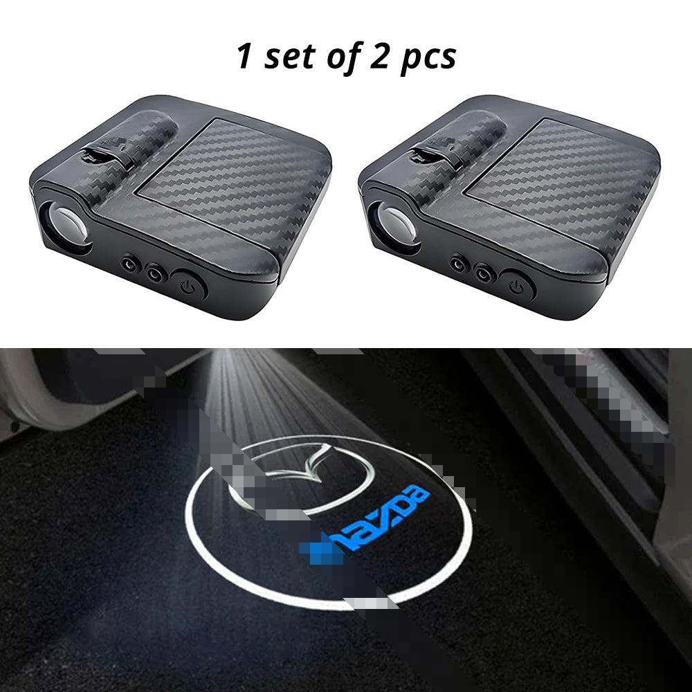 Wireless door projector light with Mazda-style logo option for compatible car door welcome lighting.