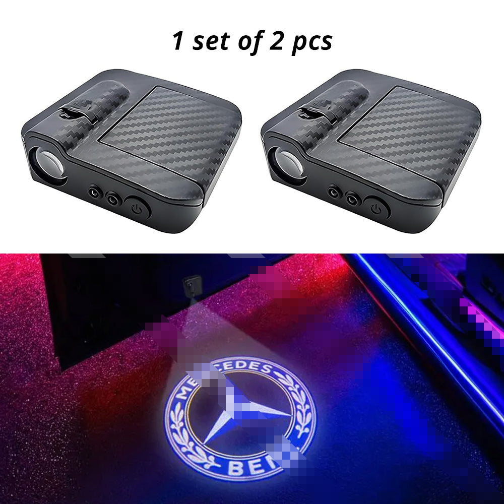Wireless door projector light with Mercedes-Benz option 1-style logo option for compatible car door welcome lighting.