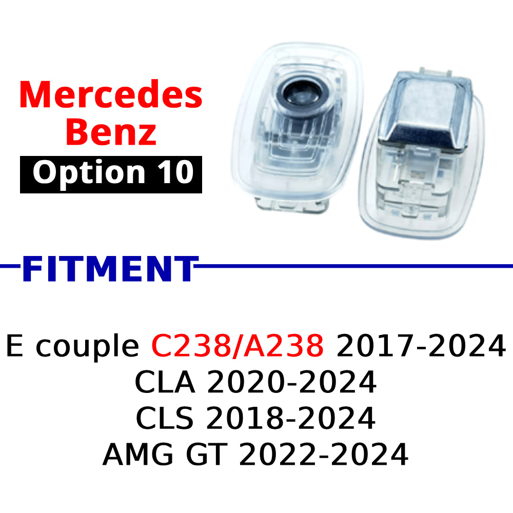 Compatible Mercedes-Benz puddle projector option 10 for selected E Coupe, CLA, CLS, and AMG GT models.