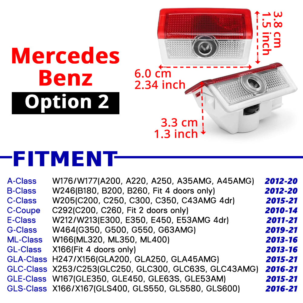 Compatible Mercedes-Benz puddle projector option 2 with listed fitment for selected A, B, C, E, GL, GLC, and GLA models.