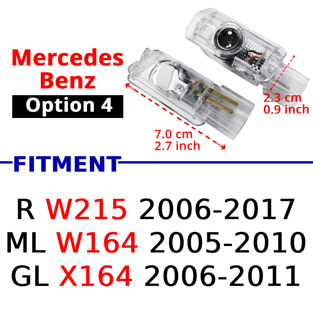 Compatible Mercedes-Benz puddle projector option 4 for selected R, ML, and GL models shown in the fitment guide.