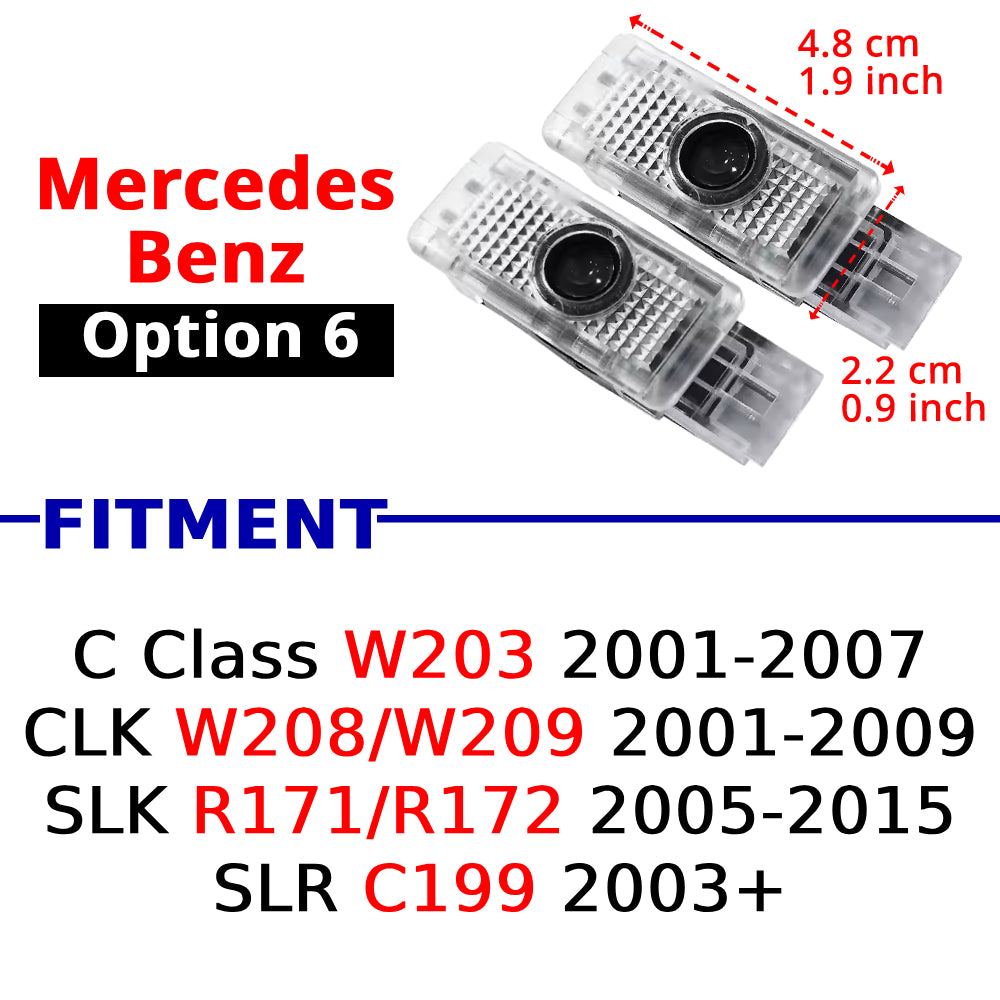 Compatible Mercedes-Benz puddle projector option 6 for selected CLK, SLK, and SLR models in the fitment guide.