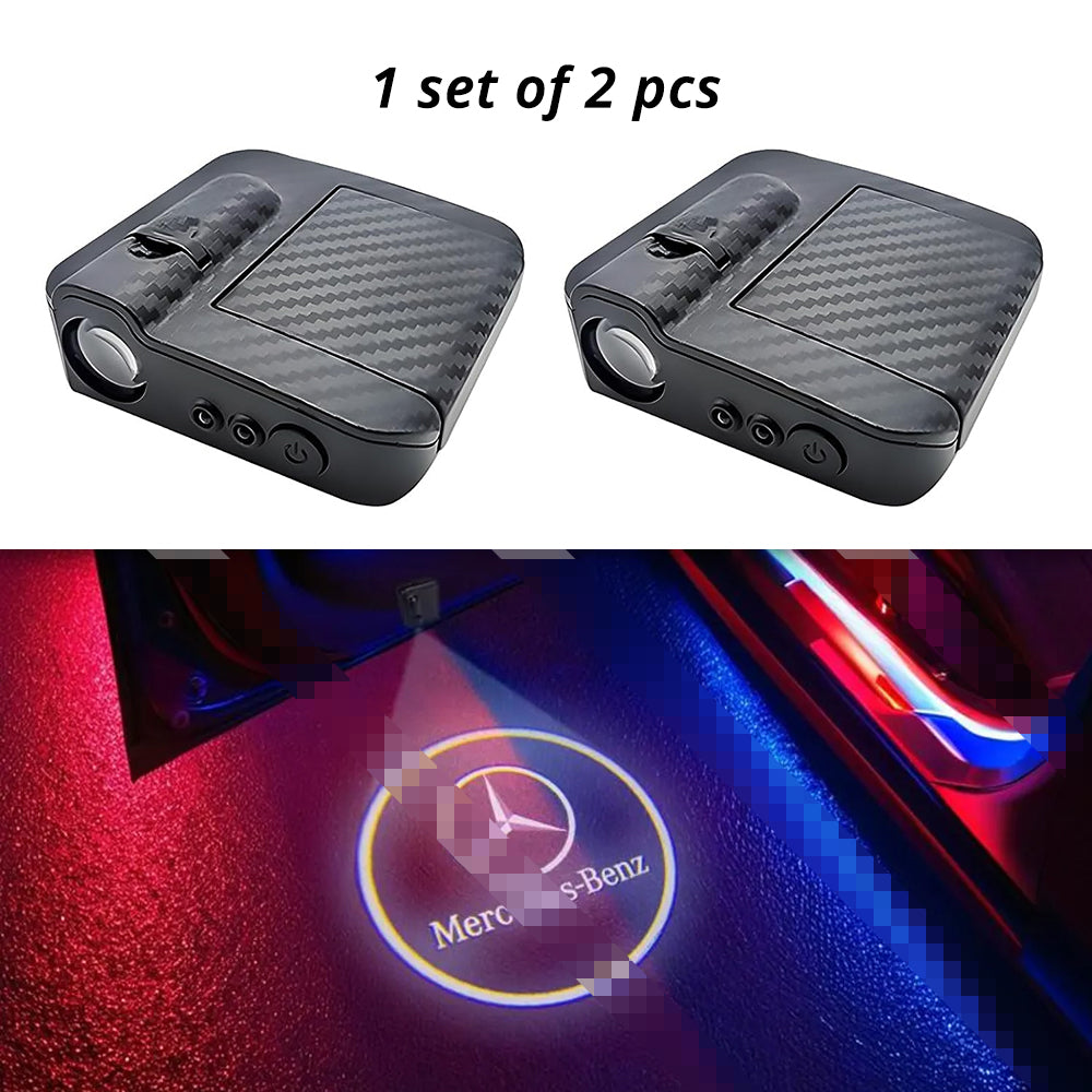 Wireless door projector light with Mercedes-Benz-style logo option for compatible car door welcome lighting.