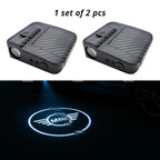 Wireless door projector light with MINI-style logo option for compatible car door welcome lighting.