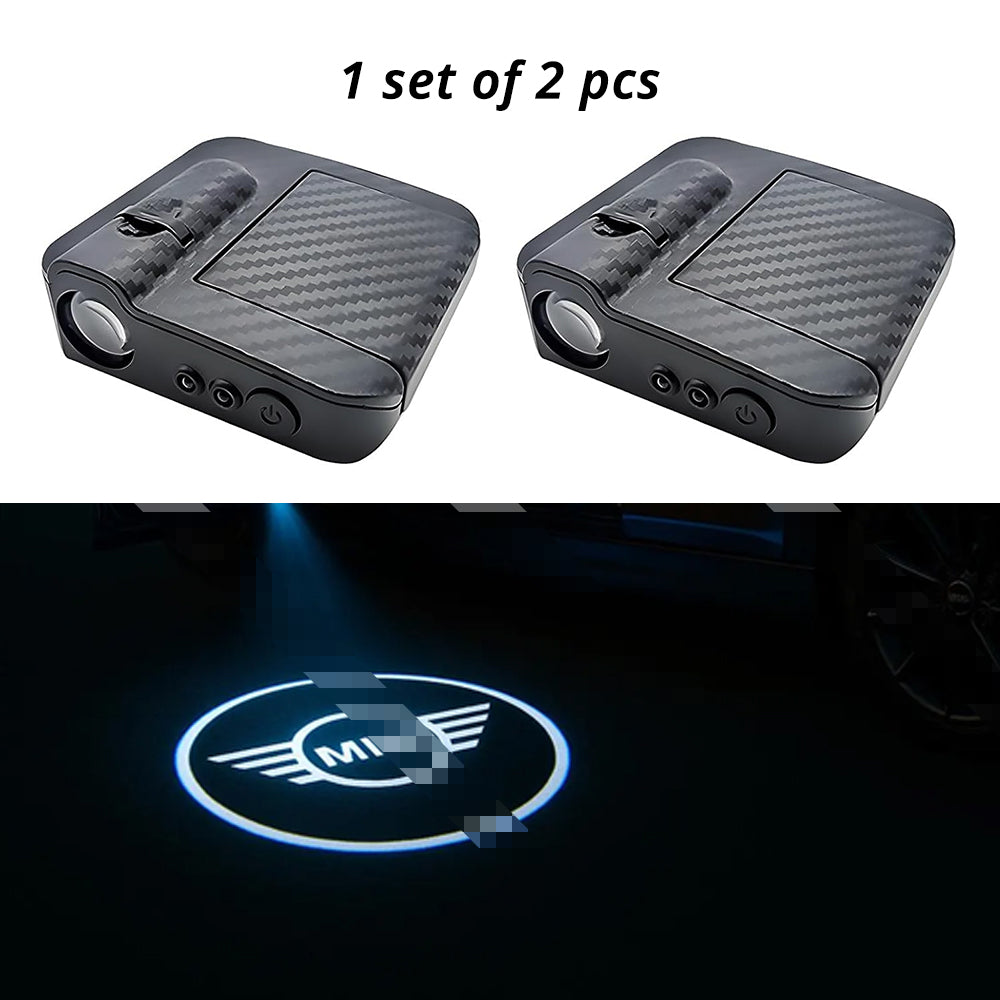 Wireless door projector light with MINI-style logo option for compatible car door welcome lighting.