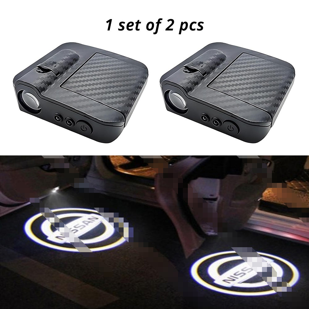 Wireless door projector light with Nissan-style logo option for compatible car door welcome lighting.