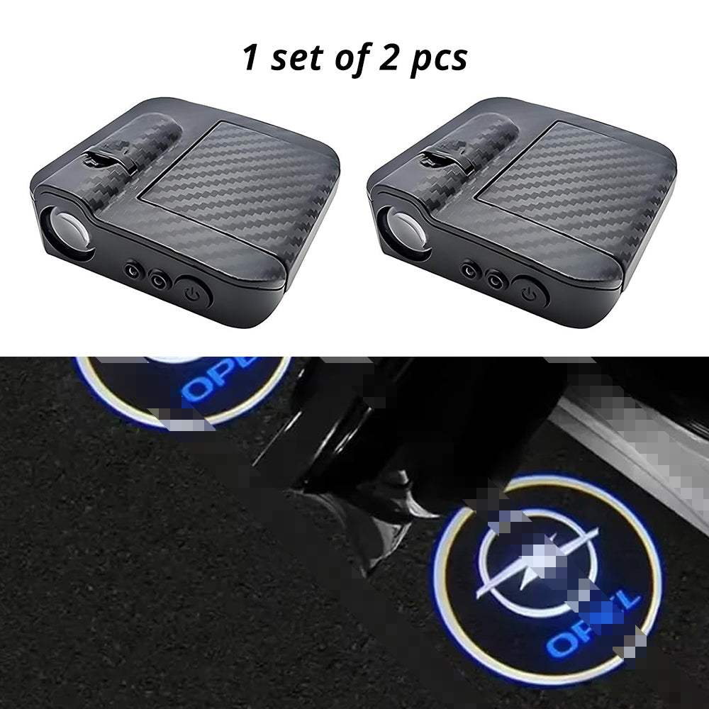 Wireless door projector light with Opel-style logo option for compatible car door welcome lighting.