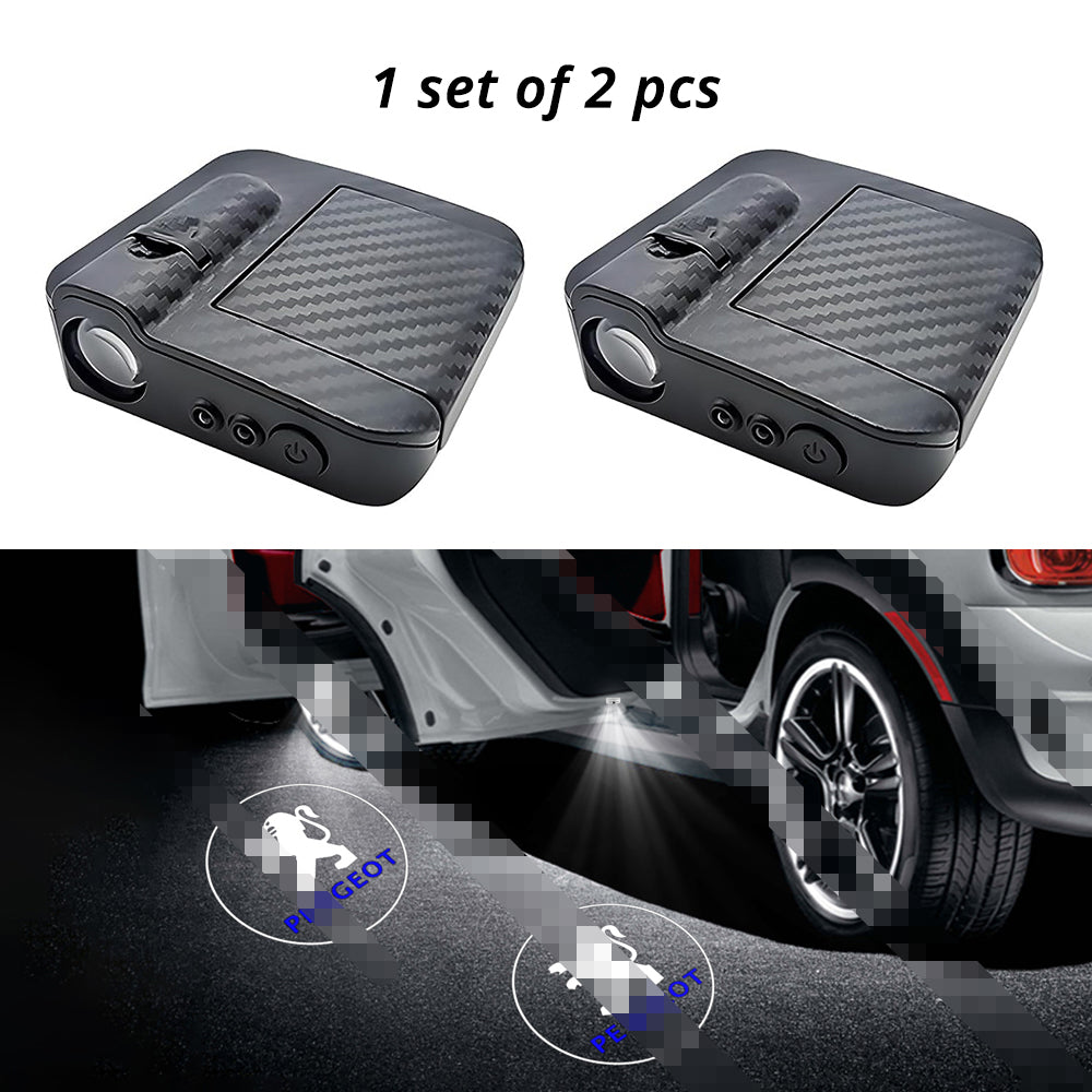 Wireless door projector light with Peugeot-style logo option for compatible car door welcome lighting.