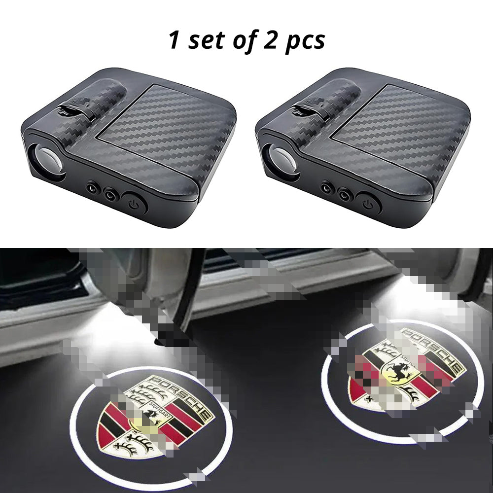 Wireless door projector light with Porsche-style logo option for compatible car door welcome lighting.