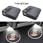 Wireless door projector light with Porsche-style logo option for compatible car door welcome lighting.