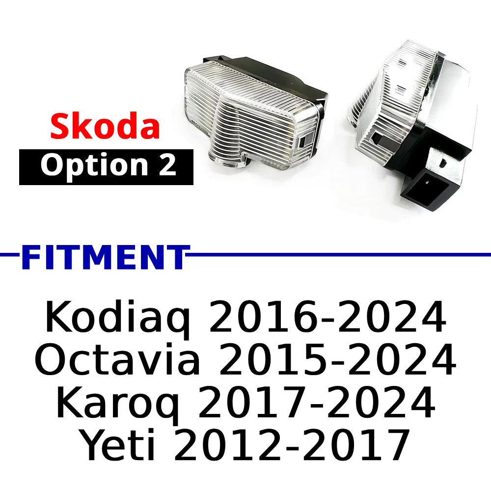Compatible Skoda puddle projector option 2 for selected Kodiaq, Octavia, Karoq, and Yeti models.