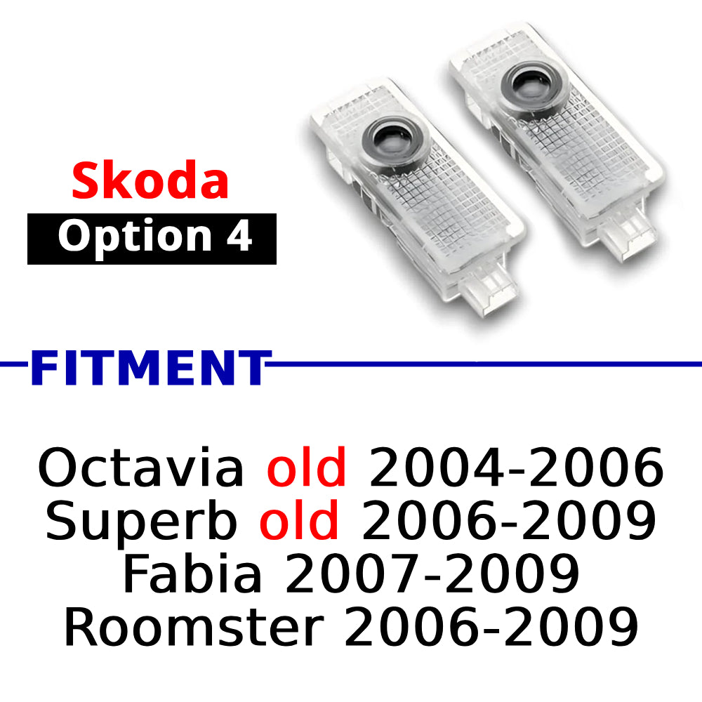Compatible Skoda puddle projector option 4 for selected Octavia, Superb, Fabia, and Roomster models.