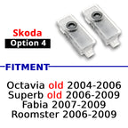 Compatible Skoda puddle projector option 4 for selected Octavia, Superb, Fabia, and Roomster models.