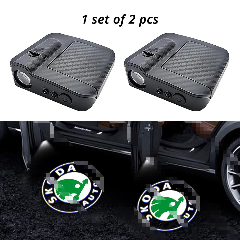 Wireless door projector light with Skoda-style logo option for compatible car door welcome lighting.