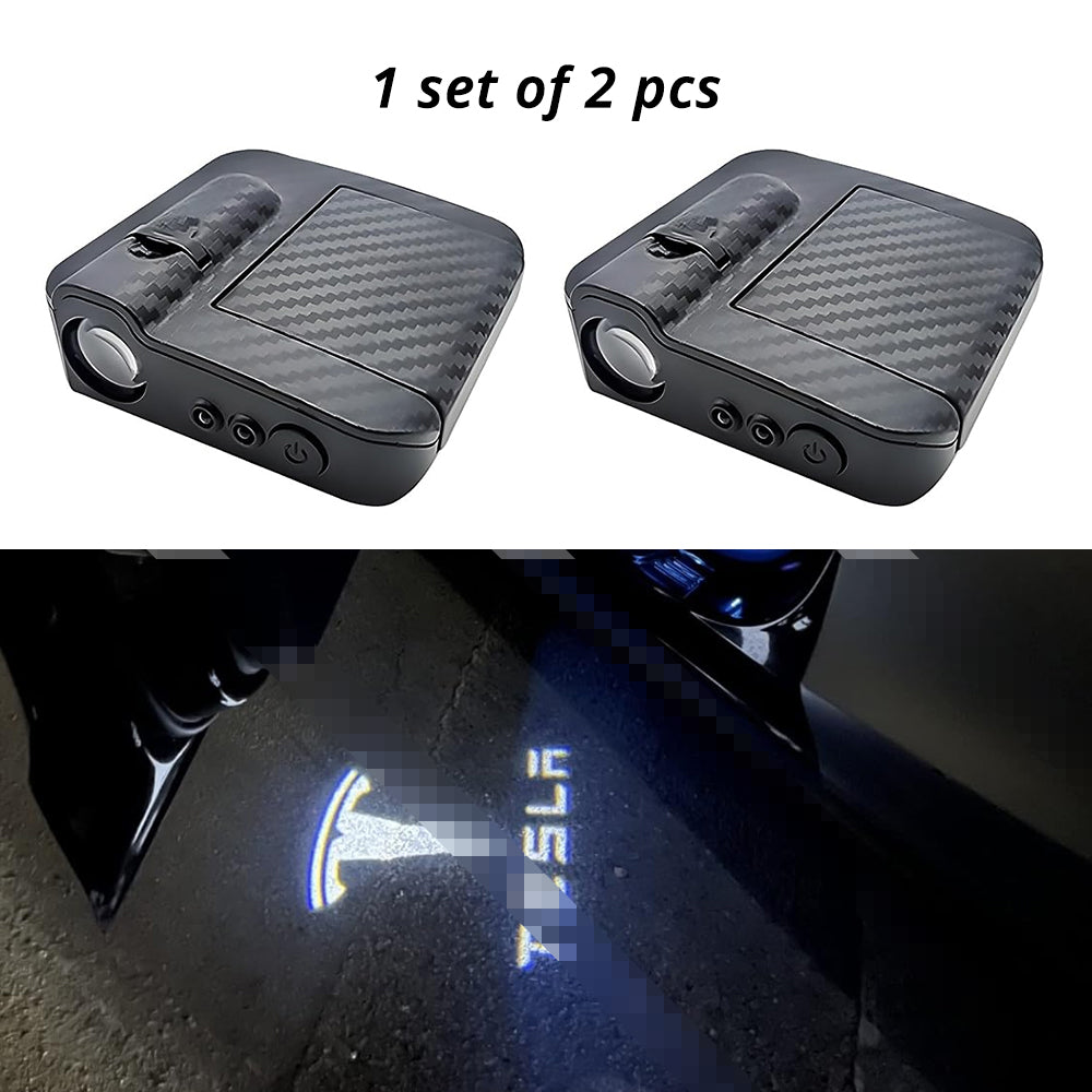Wireless door projector light with Tesla-style logo option for compatible car door welcome lighting.