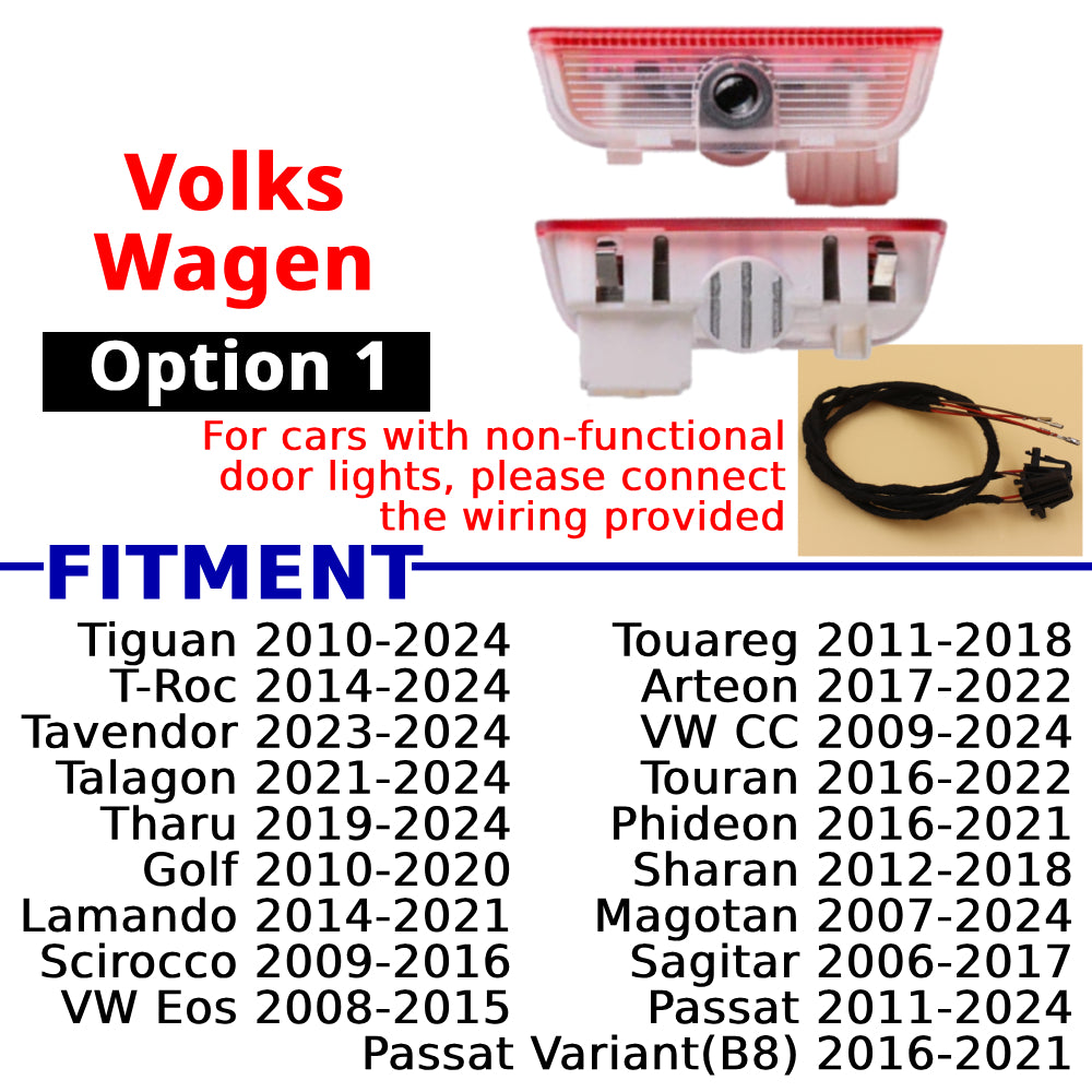Compatible Volkswagen puddle projector option 1 for selected Tiguan, T-Roc, Arteon, Golf, Passat, and related models.